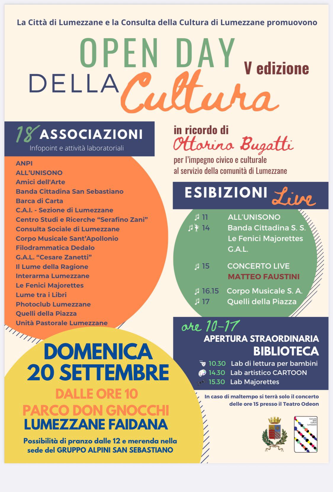 Locandina dell'Open Day della Cultura, V edizione: domenica 20 settembre dalle ore 10 al Parco Don Gnocchi di Lumezzane Faidana. Diciotto associazioni con infopoint e laboratori, biblioteca aperta dalle 10 alle 17, esibizioni dal vivo dalle 11 e concerto di Matteo Faustini alle 15.