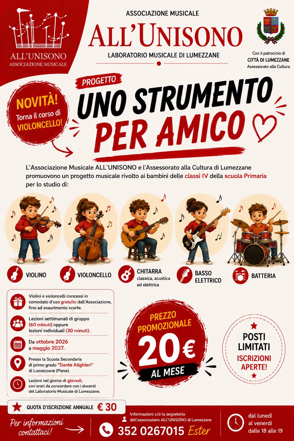 Locandina del progetto «Uno strumento per amico», rivolto ai bambini delle classi quarte della scuola primaria: violino, violoncello, chitarra, basso elettrico e batteria, da ottobre 2026 a maggio 2027, il giovedì presso la Scuola Secondaria di primo grado «Dante Alighieri» di Lumezzane Pieve. Venti euro al mese, più trenta euro di quota d'iscrizione annuale.